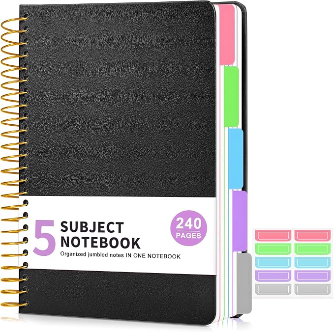 5 Subject Notebook College Ruled 240 Pages, A5(5.8"x8.3") Hardcover Spiral Notebook with Removable Pocket Dividers Tabs, Lined Spiral Journal Notebook for Women, Notebooks for Work School Note taking Black