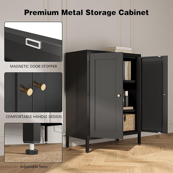 Bevivog Small Bathroom Storage Cabinet, Black Metal Locker Cabinet with 2 Doors and 2 Adjustable Shelves, Metal Floor Cabinets Sideboard for Home Office, Living Room, Hallway, Entryway