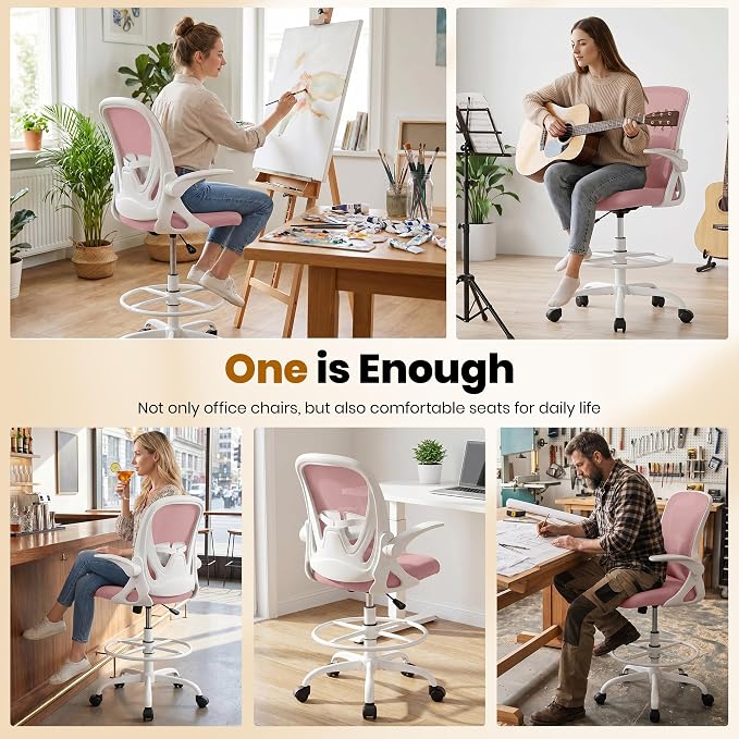 Drafting Chair Tall Office Chair with Flip-up Armrests Executive Ergonomic Computer Standing Desk Chair with Lumbar Support and Adjustable Footrest Ring (Rose Quartz)