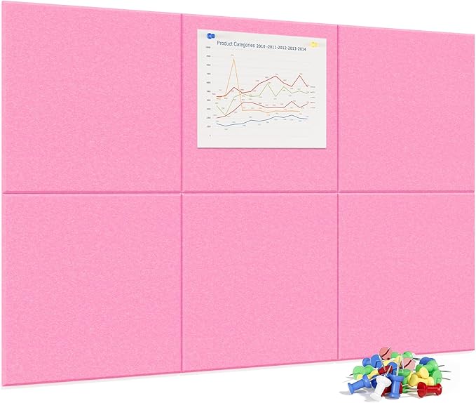 Large Cork Board for Wall, 36" x 24" Bulletin Board with Pushpins, 6 Panels Felt Tiles Tack Push Pin Board for Office, Pink