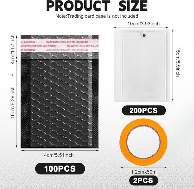 302 Pcs Trading Card Shipping Protector Set Include 200 Precut Plastic Inserts Card Mailers 100 Poly Bubble Mailers Padded Envelopes and 2 Masking Tape (Black,5.5 x 6.3 Inch)