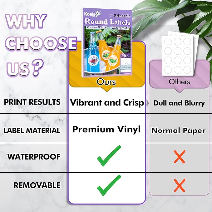 Koala Round Labels 2 Inch, Glossy Waterproof Printable Circle Stickers for Inkjet and Laser Printer, 240 Circle Labels for Brand Logo, Bottle, Jar