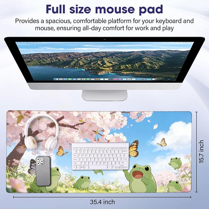 Large Extended Mouse Pad with Stitched Edges 35.4"x15.7" - Waterproof Desk Mat, Non-Slip Rubber Base for All-Desk Coverage, Perfect for Gaming Office Home, Frog05