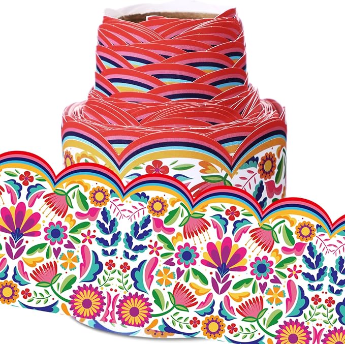 32.8 Ft Spanish Bulletin Board Borders Mexican Scalloped Trim | Fiesta Trim for Classroom Office, Hispanic Heritage Displays, Rainbow Floral Scalloped Edge, Party Wall Decoration Supplies