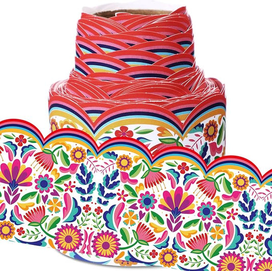 32.8 Ft Spanish Bulletin Board Borders Mexican Scalloped Trim | Fiesta Trim for Classroom Office, Hispanic Heritage Displays, Rainbow Floral Scalloped Edge, Party Wall Decoration Supplies