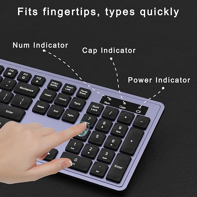 Wireless Keyboard and Mouse Combo, Full-Size 104-Key Office Keyboard with 15 Function Keys, Numeric Keypad, Single USB Receiver, Compatible with PC and Laptop(Purple)