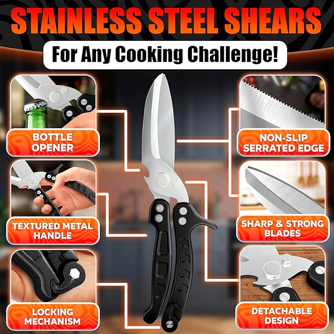 4-in-1 Multi-Use Heavy Duty Poultry Shears – Sharp Seafood, Fish, Turkey & Chicken Shears with Non-Slip Metal Handle & Micro-Serrated Blades – Spring-Loaded, Safety Lock Bone Scissors (Black)