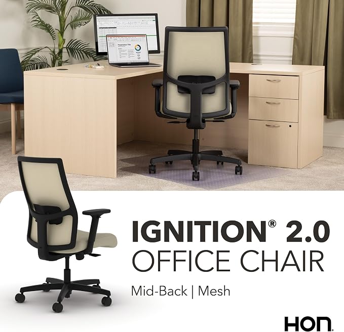 HON Ignition 2.0 Ergonomic Office Chair, Lumbar Support, Desk Chair, Linen | Ergonomic office desk chair with lumbar support, adjustable arms, office decor, workstation comfort for focused productivity