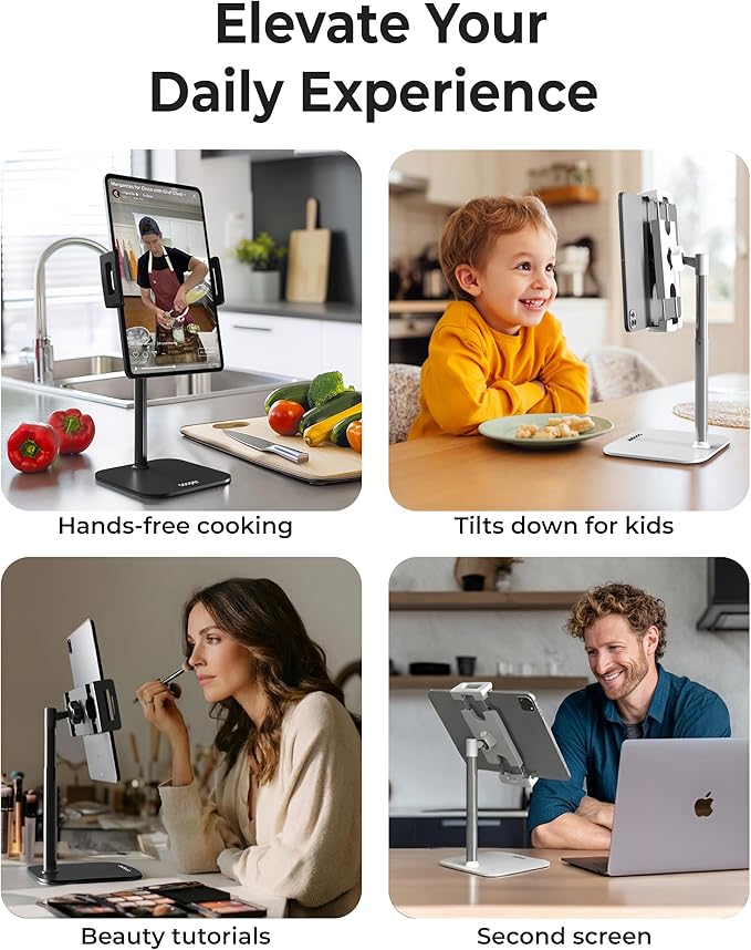 COOPER TabStand Mini, 10" Height Adjustable Tablet Stand, Ipad Stand for Desk, Portable Monitor Holder, Heavy Duty Grip, Tripod iPad Holder, Tablet Mount, for Samsung Tablets, Kindle eReaders (White)