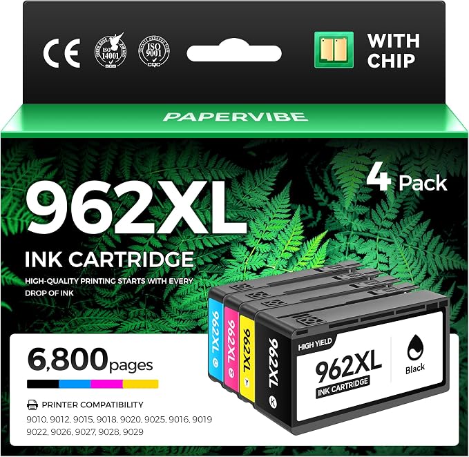 962XL Ink Cartridge 4-Pack High Yield Compatible Replacement for HP 962XL 962 Ink Work with HP OfficeJet Pro 9010 9012 9014 9015e 9016 9018 9019 9020 9022 9025 9028e Printers Black Cyan Magenta Yellow