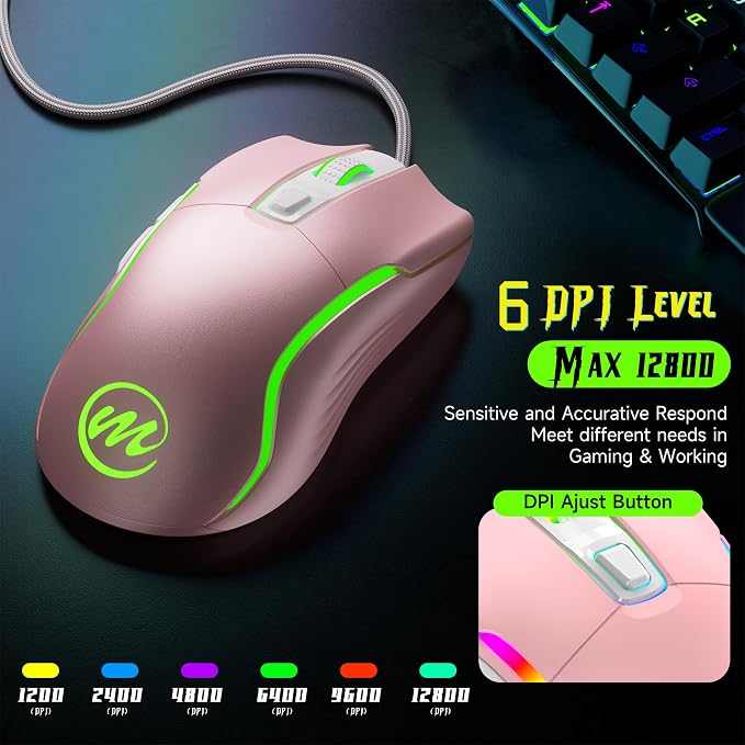 memzuoix Wired Gaming Mouse with RGB - 6 Adjustable DPI up to 12800, 6 Buttons, 12 Lighting Modes, Ergonomic Design with Anti-Slip Rubber Wheel, 5.6ft Braided Cable for PC/Mac/Windows - Pink