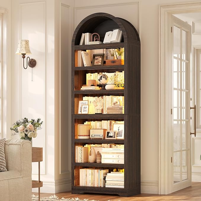 79.4"Tall Arched Cabinet,Bookcase with storage,Mid-Century Modern 7-Tier Bookshelf with RGB Light,2 Book Risers,Adjustable Shelf offering more space for Living Room,Kitchen,Home Office(Walnut)