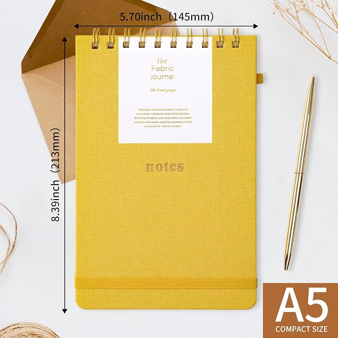 TSFPapier A5 Top Spiral Notebook, Fabric Hardcover College Ruled Journal | 100GSM Paper 160 Lined Pages, 5.7"x8.39" Steno Pads with Elastic Band & Pen Loop, for Work, School Note Taking (Yellow)