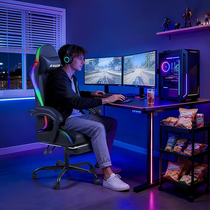 Homall Gaming Chair with Massage & Footrest, Ergonomic Computer Office Chair, High-Back Racing Style Reclining Chair with Adjustable Lumbar Support, PU Leather for Adults (Black)