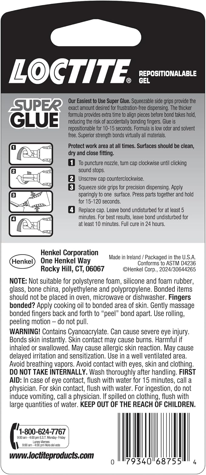 Loctite Super Glue Repositionable Gel, Clear, 0.14 fl oz Bottle, 2 Pack - Superglue for Plastic, Wood, Metal, Crafts & Repair, Cyanoacrylate Adhesive Instant Glue