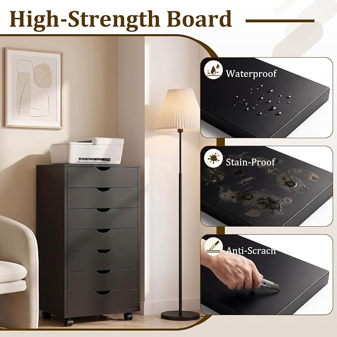 7 Drawer Office Storage Cabinet, Rolling File Cabinet for Office, Black | Office Storage Cabinet with 7 Drawers, Rolling File Cabinet with Wheels for Home Office, Desk Storage and Printer Stand
