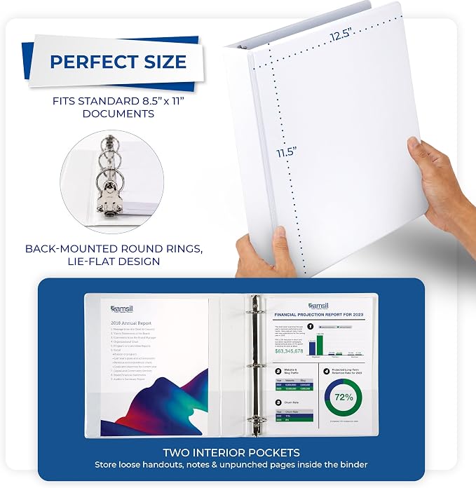 Samsill 2 Inch 3 Ring Binders, Economy Round Ring, Clear View Cover, 425 Sheet Capacity - for School, Home, Office - White, 12 Pack