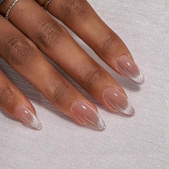BTArtbox Press On Nails Almond - Medium Cat Eye French Tip Nails with Glue for Daily Nail Art, Fake Nail Extensions In 16 Sizes - 32 Nail Kit, Liquid Radiance