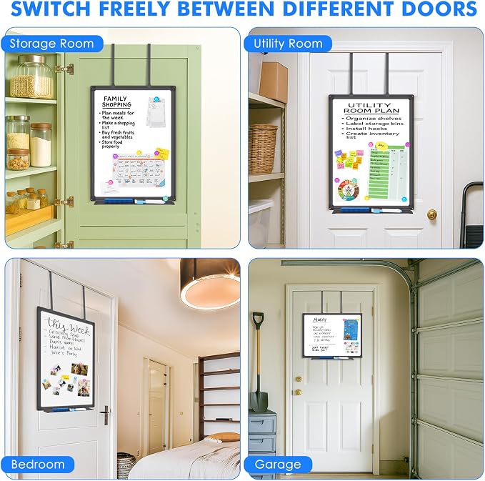 Maxtek Black Magnetic Dry Erase Board for Door 24 x 18 in | No-Drill Adjustable Long Arm Hook Mount, Portable Hanging Whiteboard For Home, Dorm, Office, Cubicle And Small Spaces