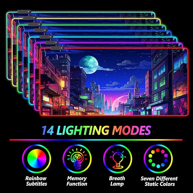 AIMSA RGB Gaming Mouse Pad, Large Mousepad with 14 Led Light Modes, Keyboard Pad Gaming Accessories for Desk, Non-Slip Rubber Base Mouse Mat for Gamer, Modern Urban Night Scene