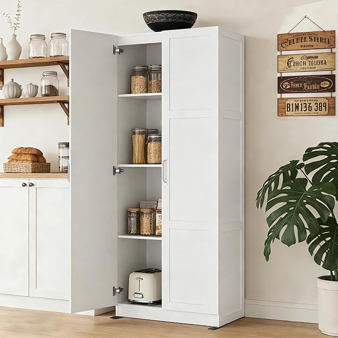 DUMOS Tall Storage Cabinet with Doors and Shelves, Kitchen Pantry Cabinet | 71'' Wood Storage Freestanding Wooden Cabinets for Bedroom, Pantry, Home Office, Dining Room & Living Room, White