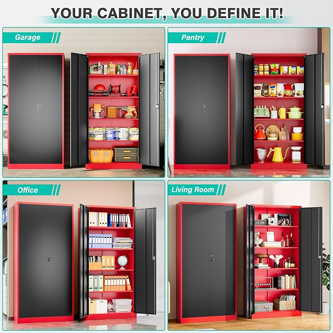 Red Metal Storage Cabinet with Locking Doors and Shelves,Garage Storage Cabinet with Lock,Steel Locker,Lockable Cabinets for Home,Office,Shop,Garage Cabinets