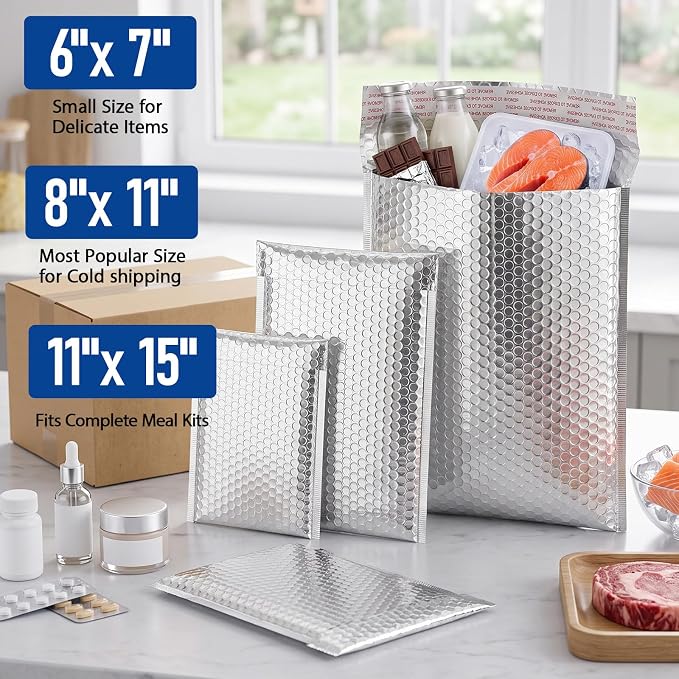 30 Pack 3 Sizes Insulated Bubble Mailers, Silver | Self Adhesive Closure, Foil Lined Interior, Padded Cushioning, Waterproof, Cold Delivery Packing, for Food and Cosmetics
