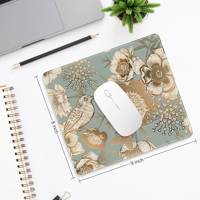 Mouse Pad, Minimalism Marble Style Computer Pad, Anti-Slip Rubber Mouse Mat with Stitched Edges for Gaming, Office, Laptop, PC, Women, 9" x 8" Thick 3 mm, Classical Flower and Bird