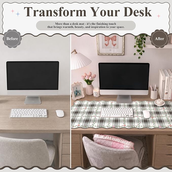 iCasso Keyboard Mat for Students, Black 35.4"x15.7" Desk Protector | Stitched Edges Scalloped Mousepad for Computer, Aesthetic Floral Desk Pad for Students Women Office Workspace Area