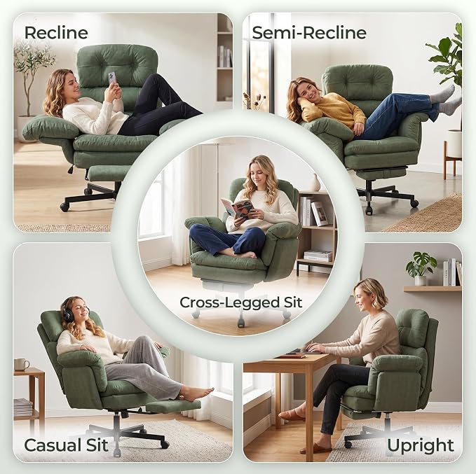 Criss Cross Office Chair with Foot Rest, Big and Tall Office Desk Chair with Flip Armrests for Pets & Cross Legged Sitting, Comfy Executive Ergonomic Reclining Computer Gaming Vanity Chair, Green