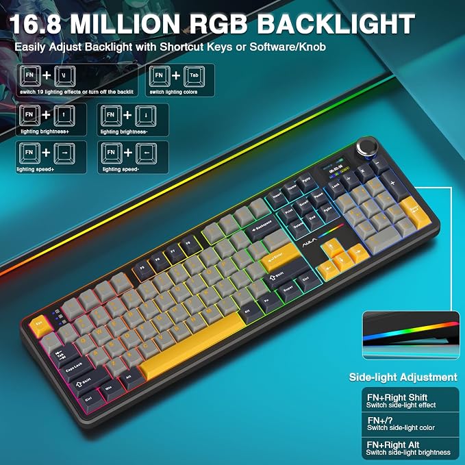 AULA F108 PRO - Wireless Mechanical Keyboard with Screen&Knob,Hot Swappable Gaming Keyboard with 8000mAh Battery,Pre-lubed Switches,RGB Backlit,PBT Keycaps Creamy Sounding Computer Keyboards,104 Keys