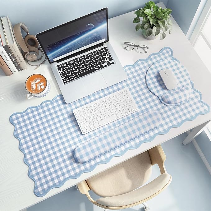 Blue Gingham Desk Mat Set with Wrist Rest, Ergonomic Design, Scalloped Edge Keyboard Mouse Pad Set Large 35.4x15.7 Inch, Memory Foam Wrist Support, Non-Slip Desk Pad Home Office Decor