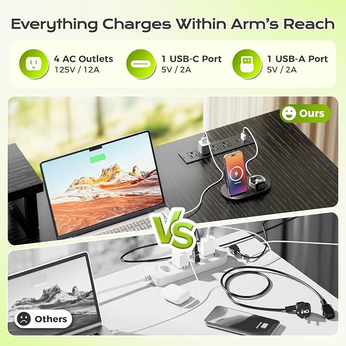 61" L Shaped Computer Desk, Power Outlets, Monitor Stand, Black | USB-C Ports, Reversible Charging Station, Spacious Desktop & Legroom, 0.94 Inch Thick Desktop, for Gaming, Study & Work