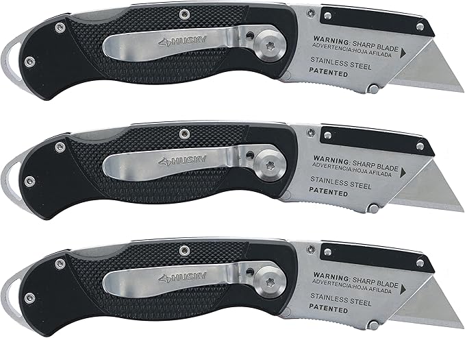Husky Folding Sure-Grip Lock Back Utility Knives Multi Pack (3 Piece Set: 3 x Husky Knives w/ Blades) (Colors Vary)