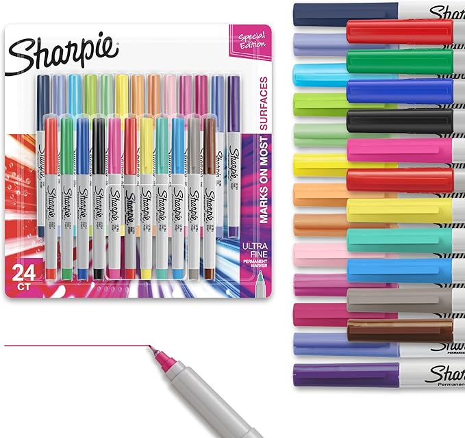 Sharpie Color Burst Permanent Marker Set, Ultra-Fine Tip Markers, 24 Count - Writing, Drawing, Artist, School, Teacher Supplies