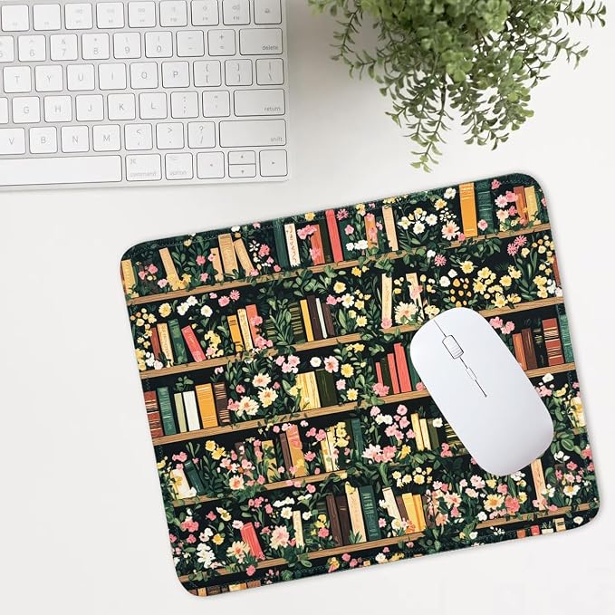 Mouse Pad for Desk with Stitched Edge, Premium Cute Washable Mouse Pads. Computer Mousepad with Non-Slip Rubber Base, Mousepads for Laptop, 9.25x7.75x0.12 inch (Bookish Blooms)