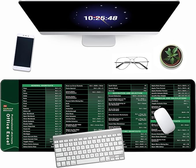 Excel Shortcut Keys Mouse Pad - Extended Large XL Cheat Sheet Gaming Mousepad | PC Office Spreadsheet Keyboard Mat | Non-Slip Stitched Edge 31.5"x11.8"