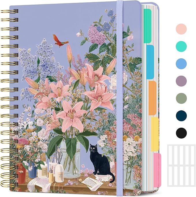 Spiral Notebooks for Work 5 Subject Notebook with Removable Dividers | Aesthetic Hardcover Journal for Women 8.5" x 11" College Ruled 280 Pages Journal for School & Note Taking, Silent Bloom