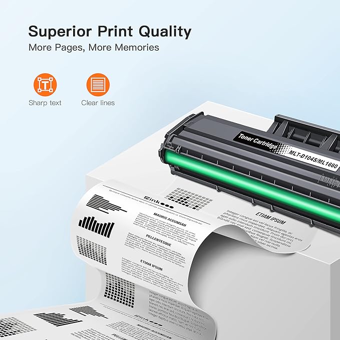 E-Z Ink Compatible Toner Cartridge Replacement for Samsung 104 104S MLT-D104S to use with ML-1660 ML-1661 ML-1667 ML-1665 ML-1675 ML-1666 ML-1865 ML-1865W SCX-3205W Printer (Black, 2 Pack)