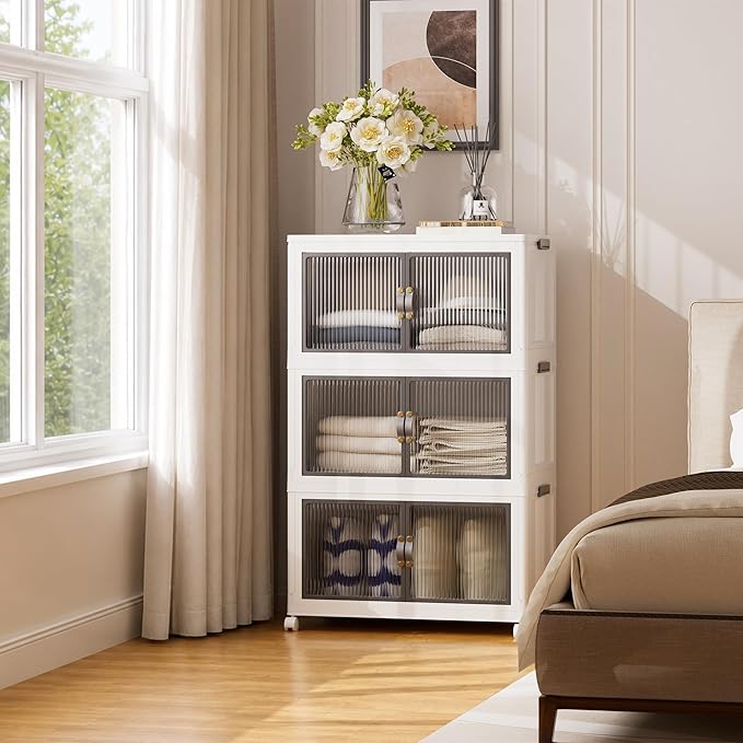 SAILUN 348Qt Stackable Storage Bins,Storage Cabinet with a Lid,3 Pack White | Stackable Storage Drawers with Lids,26" W x 17" D x 43.7" H,Featuring open-front Access for Clothes and Closet Storage