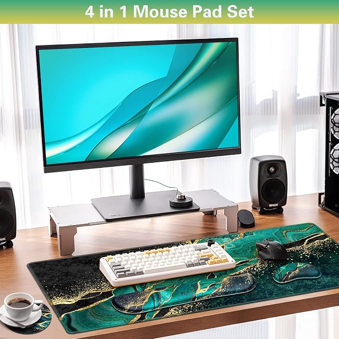 Canjoy Desk Mat with Wrist Rest, Keyboard and Mouse Pad Wrist Support Pad | 4-in-1 Big Large Mouse Pad(35.4×15.7in) + Keyboard Wrist Rest + Coaster, Marble Keyboard Mat Computer Desk Pad Memory Foam