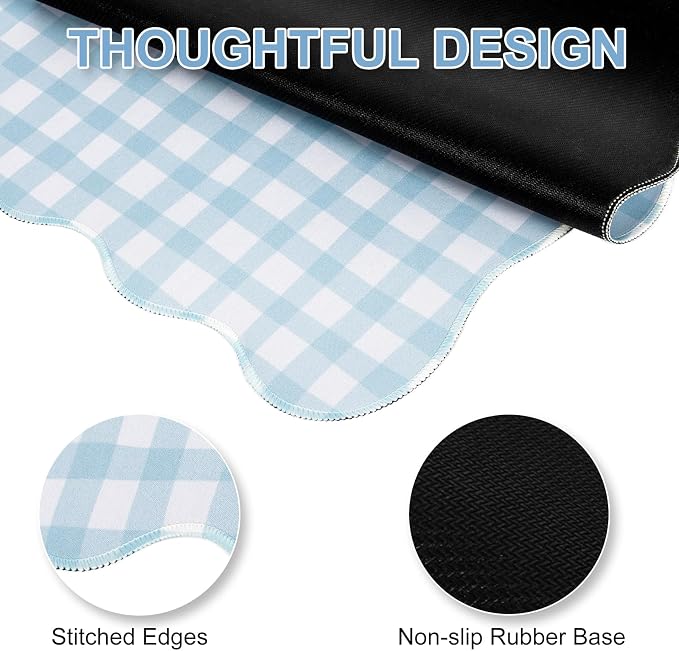 L-SPOUTTO Blue Checkered Mouse Pad,Cottagecore Scalloped Desk Mat XXL Large Cute Pastel Gaming Mousepad,35.4x15.7in Non-Slip Keyboard Pad Waterproof Desktop Mat for Laptop Computer Game Home Office
