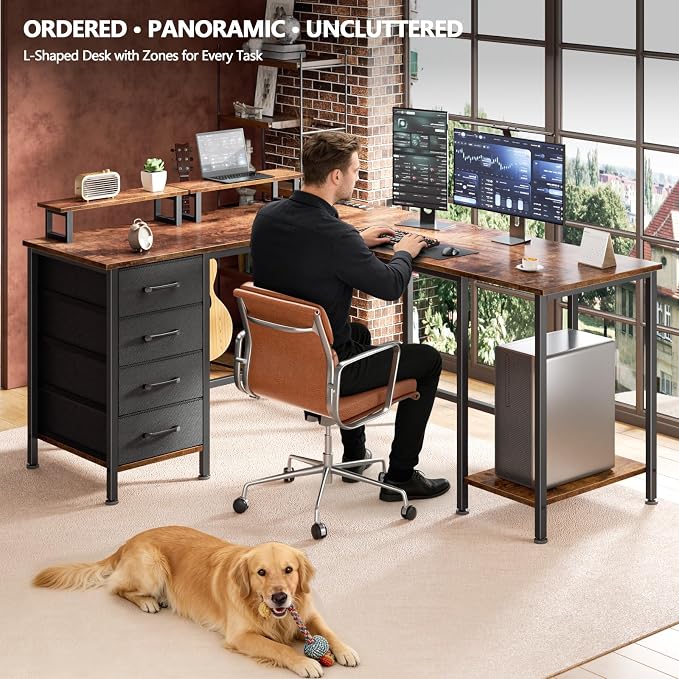 Korfile 59 inch L Shaped Computer Desk with Power Outlets, Rustic Brown | Ideal for Home Office, Bedroom, Corner, 4 Adjustable Storage Drawers, 2 Monitor Stands, Reversible, Two Person Gaming Table