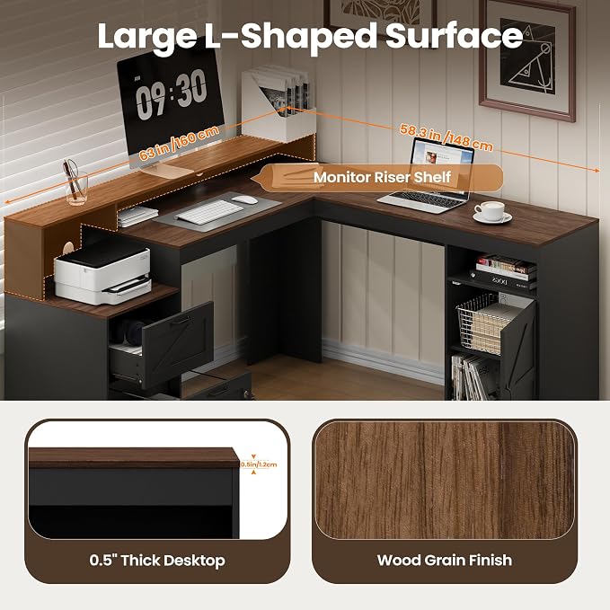 MALOL 63" Farmhouse L Shaped Executive Desk, Corner Computer Desk with Drawers & Storage Shelf, Home Office Desk with Power Outlet, Monitor Stand, Wood Grain Desktop, Black & Rustic Brown
