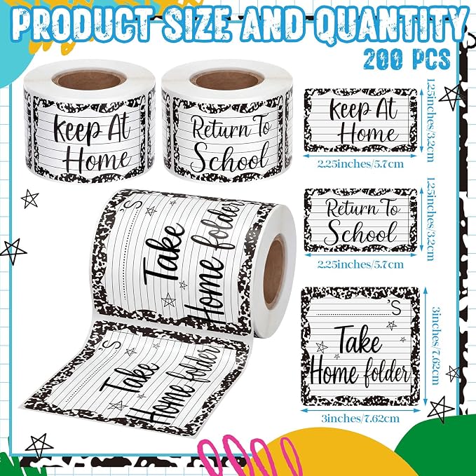 600 Pcs Take Home Return to School Labels,Composition Notebook | 3 Rolls Thermal Printed, Student Homework Folder Stickers, Keep at Home Label, Classroom Office Organization
