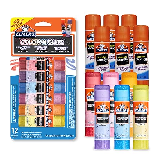 Elmer’s Color 'n Glitz Glue Sticks, Washable, Assorted Colors, Includes Disappearing Purple, 6 Grams 12 Count - Stocking Stuffer, Vision Board, #1 Teacher Brand