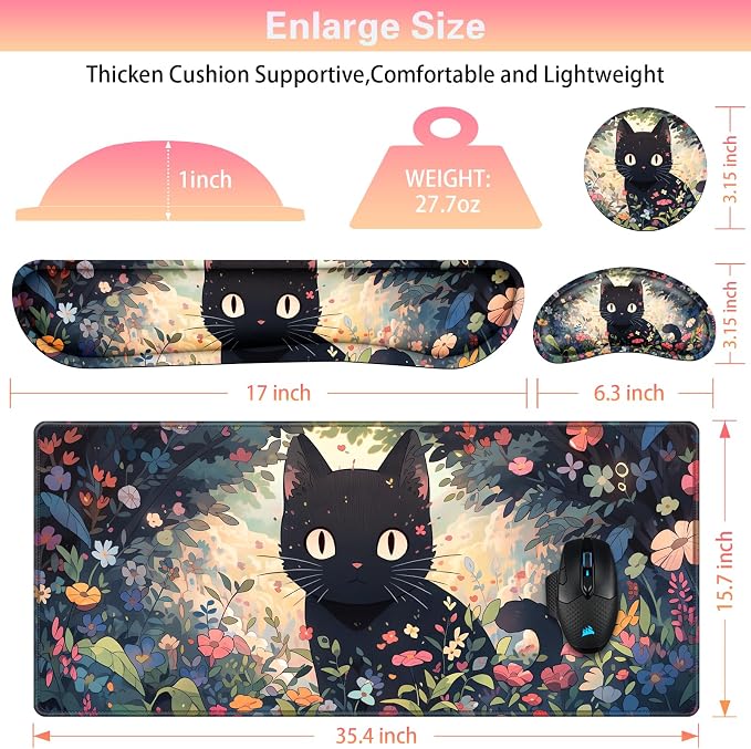 Canjoy Desk Mat with Wrist Rest, Desk Pad for Keyboard and Mouse 4-in-1 Kawaii Anime Mouse Pad + Keyboard Wrist Rest Support+ Coaster(35.4×15.7 in) Memory Foam Non-Slip Desk Mat for Home Office