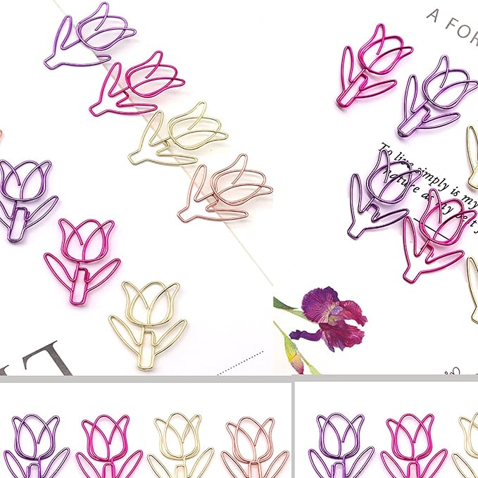 80 Pcs Cute Paper Clips Set with Box, Flower Shaped Paperclips for File Organization, School, Home Office and Wedding Decor(Purple, Pink, Gold, Rose Gold) (Tulip Flower, 80)