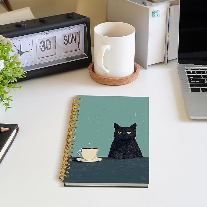 ROXMART Vintage Coffee Black Cat Spiral Notebook Journal, Cat Lover Mom Lady Gifts for Women, Funny Black Kitty Kitten with Coffee Hardcover Notebook Journal, 5.5x8.3 Inch