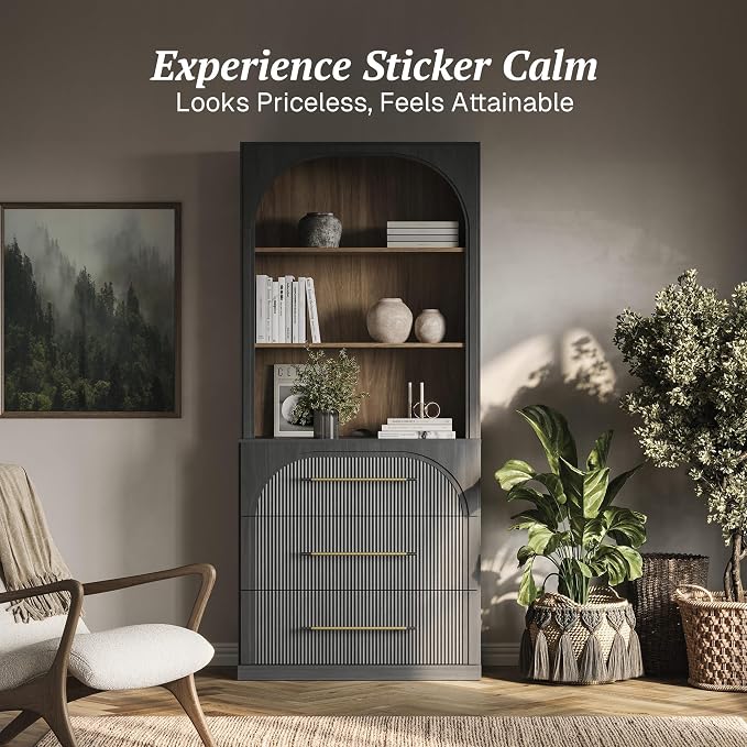 BELLEZE Display Storage Cabinet with Hutch, 72" Tall Wood Modern Bookshelf with 3 Drawers, Cabinet for Office, Study, Kitchen, Dining Living Room, Ebony